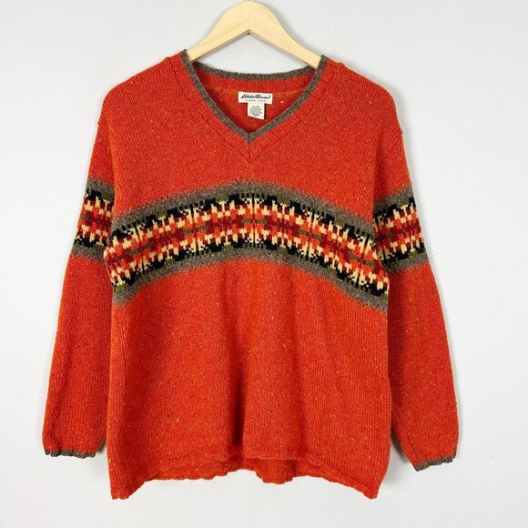 Vintage Eddie Bauer Orange Southwestern Wool Blend Sweater Size Petite Medium Wo - Picture 1 of 4